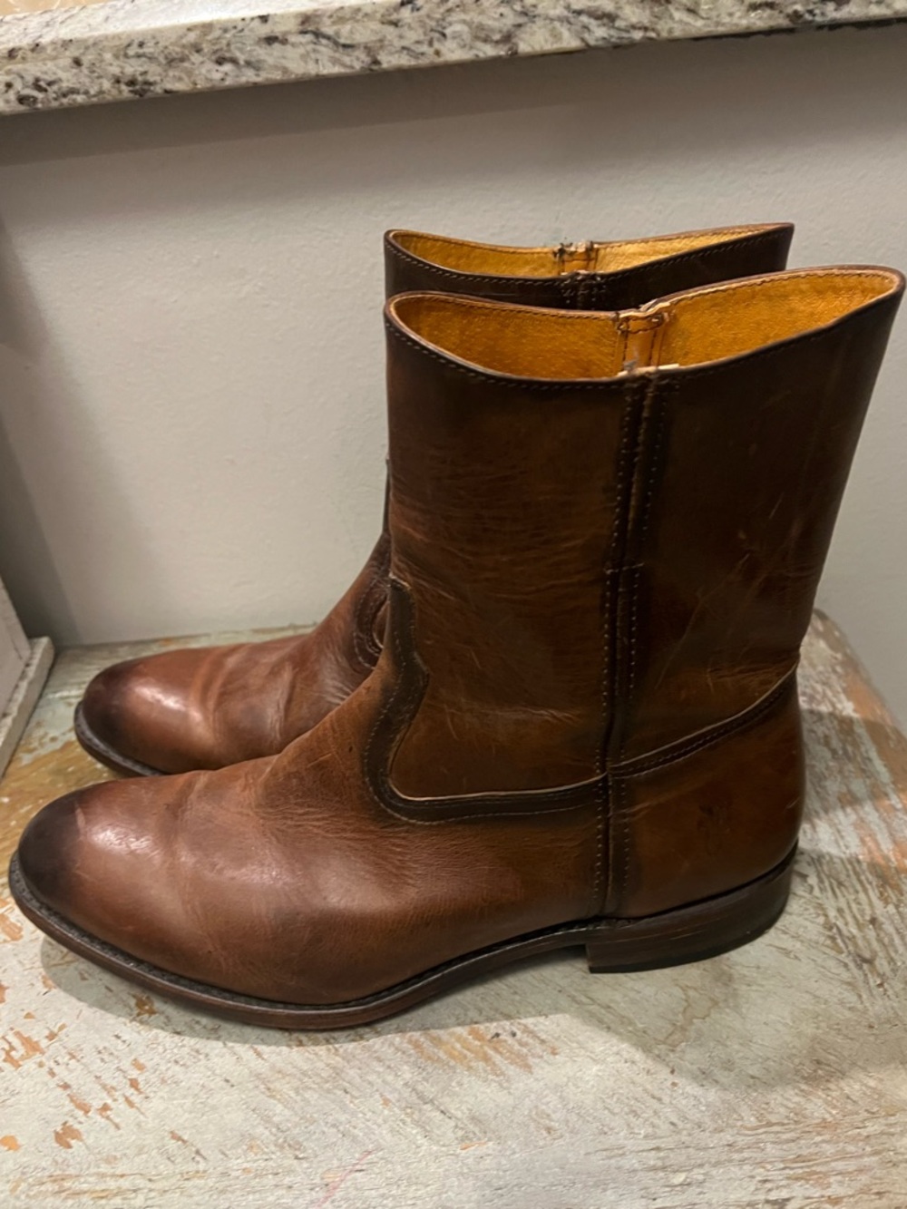 Frye Brown Leather Mid-Calf Cowboy Distressed Boots 150 year Anniversary Sz 11.5
